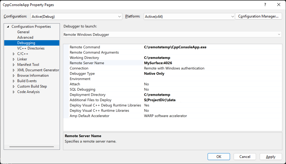 Visual Studio 解决方案资源管理器属性中“调试”选项卡的屏幕截图。要启动的调试器属性设置为远程 Windows 调试器。