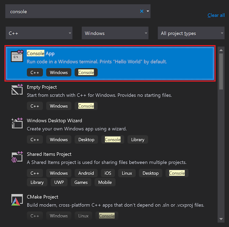 显示如何在 Visual Studio“开始”窗口中搜索并选择控制台应用模板的屏幕截图。
