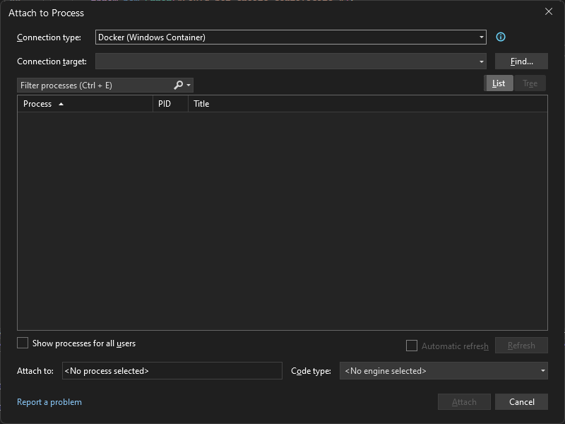 Visual Studio 中“附加到进程”对话框的屏幕截图，其中显示了 Docker（Windows 容器）的连接类型。