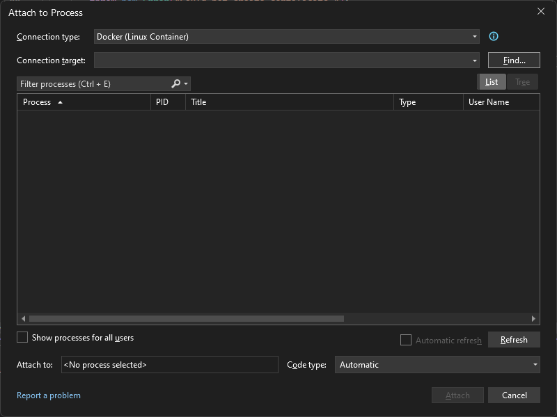 Visual Studio 中“附加到进程”对话框的屏幕截图，其中显示了 Docker（Linux 容器）的连接类型。