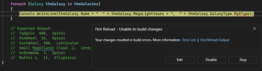 Visual Studio 调试器的屏幕截图，其中一行代码突出显示为红色，并显示一个消息框，其中选择了“编辑”选项。