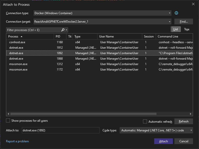 Visual Studio 中“附加到进程”对话框的屏幕截图。连接类型设置为 Docker（Windows 容器），并且已选择 dotnet.exe 进程。