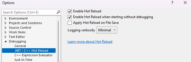 .NET 热重载设置的屏幕截图。