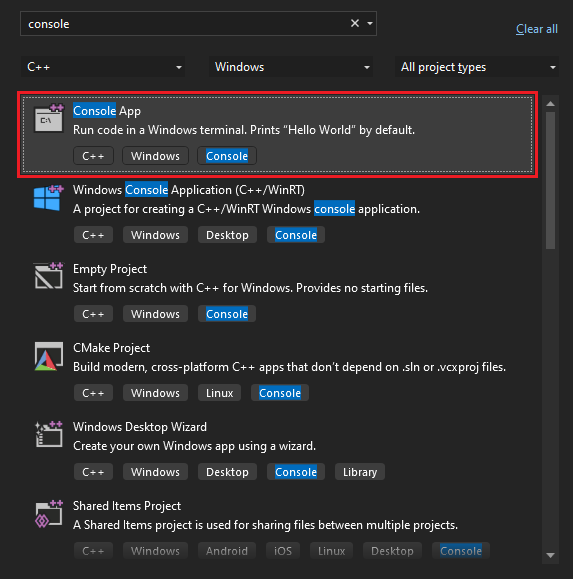 显示如何在 Visual Studio 2022“开始”窗口中搜索并选择控制台应用模板的屏幕截图。