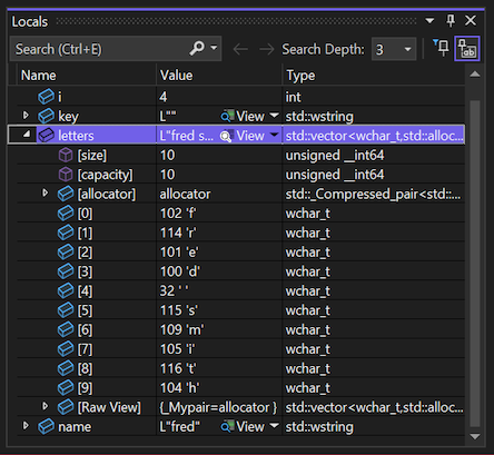 显示如何在 Visual Studio 2022 的“局部变量”窗口中检查变量和值的屏幕截图。