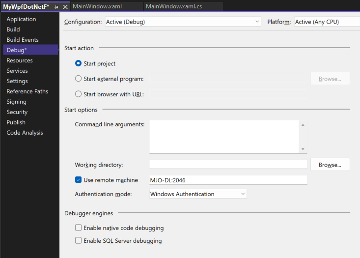 Visual Studio 项目属性中“调试”选项卡的屏幕截图。Use remote machine 属性设置为“MJO-DL：4026”。