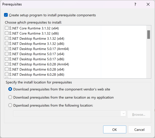 Visual Studio 中“先决条件”对话框的屏幕截图。