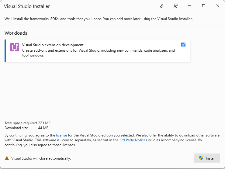 显示用于安装扩展开发工作负荷的 Visual Studio 对话框的屏幕截图。