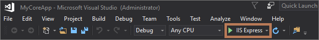 屏幕截图显示 Visual Studio 工具栏中突出显示的“I I S Express”按钮。