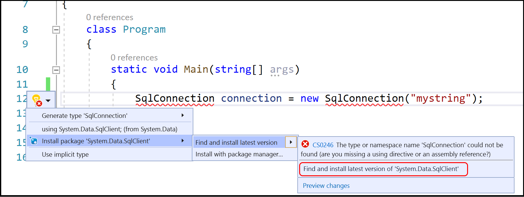 用于安装 NuGet 包的灯泡的屏幕截图。