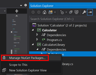 快捷菜单上“管理 NuGet 包”的屏幕截图。