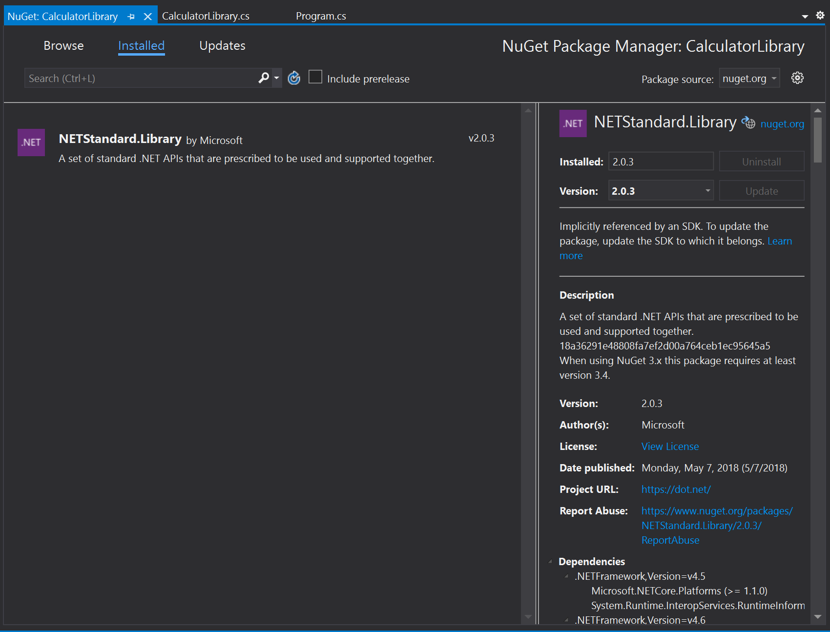 NuGet 包管理器的屏幕截图。