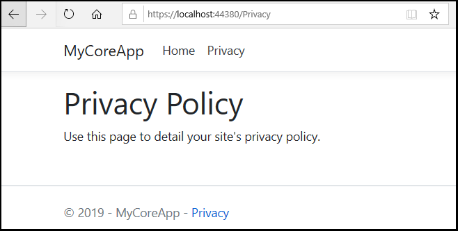 屏幕截图显示了 MyCoreApp 隐私页面，其中包含以下文本：使用此页详细说明网站的隐私策略。