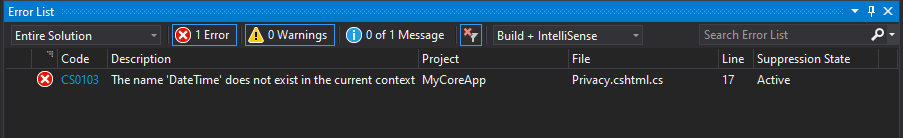 屏幕截图显示 Visual Studio 中列出了 DateTime 的“错误列表”工具栏。