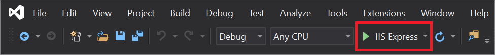 屏幕截图显示 Visual Studio 工具栏中突出显示的 IIS Express 按钮。