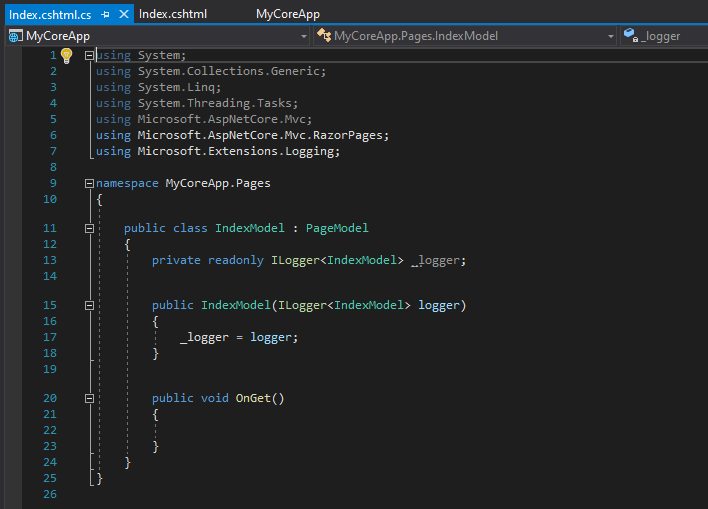 屏幕截图显示 Visual Studio 代码编辑器中打开的 Index.cshmtldotcs 文件。