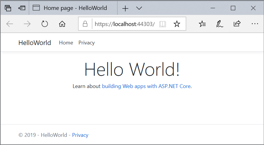 屏幕截图显示浏览器窗口中 Web 应用的主页。更新后的文本显示 Hello World！