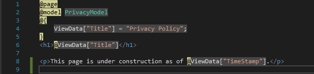 屏幕截图显示了在 Visual Studio 代码编辑器中打开的隐私.c s h t m l 文件，其中包含更新的文本。