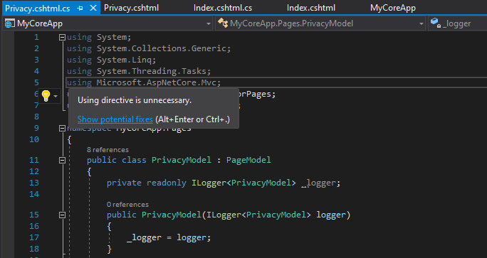 屏幕截图显示了 Visual Studio 代码编辑器中的 Privacy dot cshtml 文件，其中快速操作工具提示显示已灰显的 using 指令。
