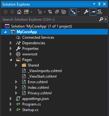 屏幕截图显示 Visual Studio 中解决方案资源管理器中 Pages 文件夹的内容。