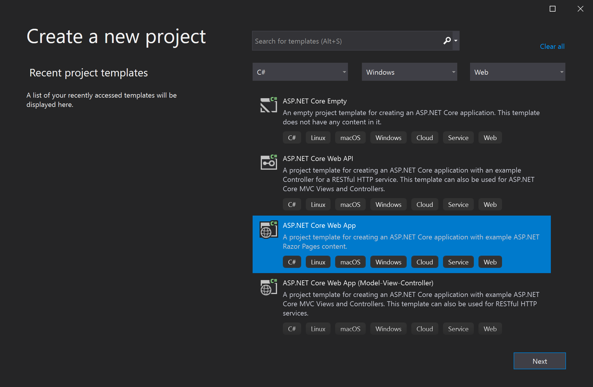 屏幕截图，显示 Visual Studio 的“新建项目”对话框中突出显示的 ASP.NET 核心 Web 应用项目模板。
