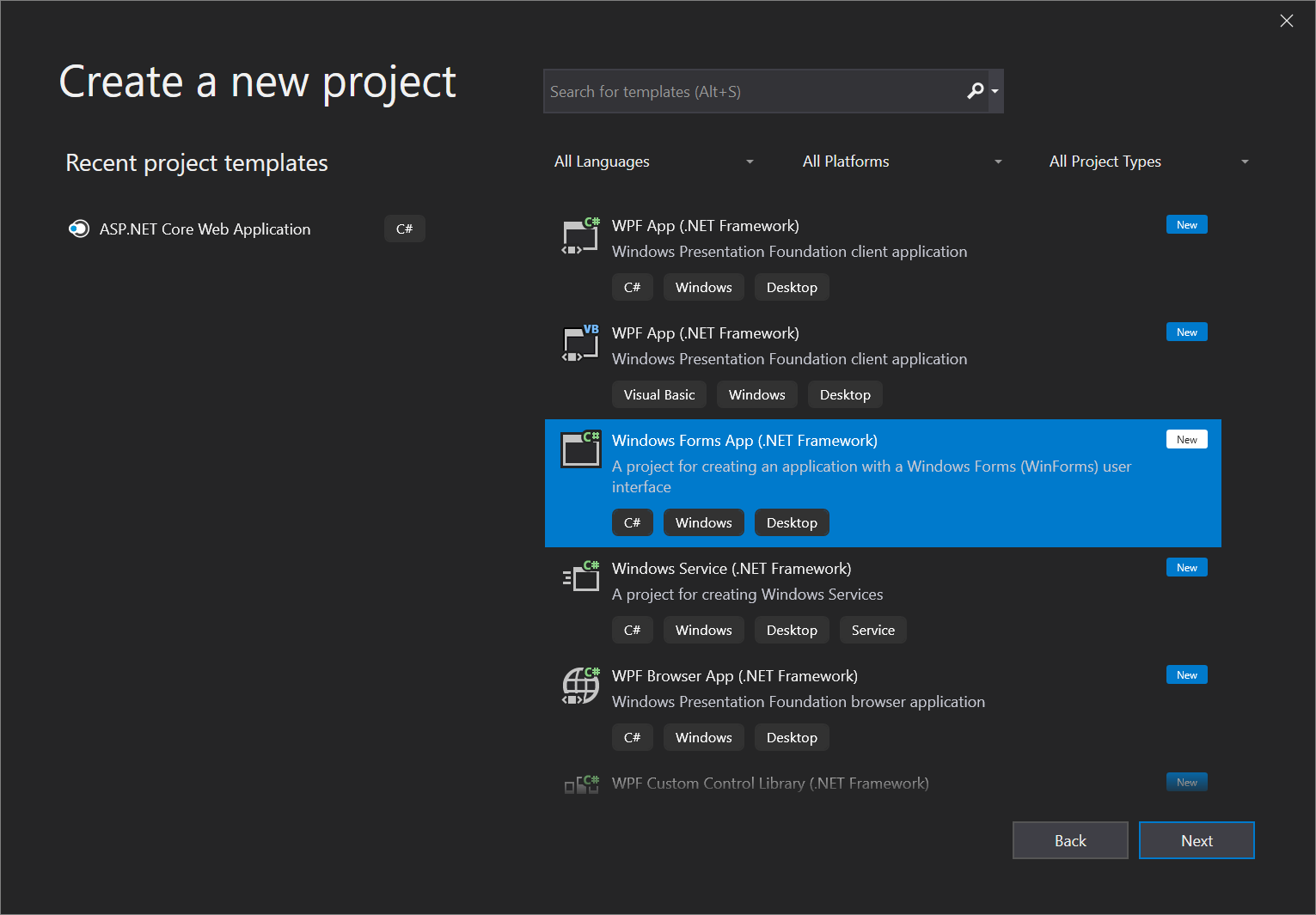 显示适用于 C# 的 Windows 窗体应用（.NET Framework）的屏幕截图。