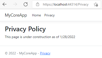 屏幕截图，其中显示了 MyCoreApp 的“隐私”页，其中包括添加日期所做的更改。