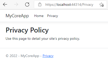 屏幕截图显示了 MyCoreApp 隐私页面，其中包含以下文本：使用此页详细说明网站的隐私策略。