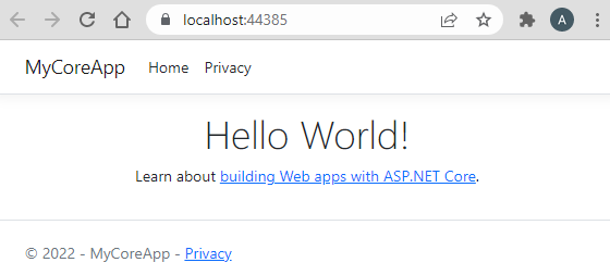 屏幕截图显示浏览器窗口中 Web 应用的主页。更新后的文本显示“Hello World！”