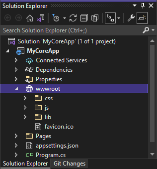 屏幕截图显示了 Visual Studio 解决方案资源管理器中选择的 w w w 根文件夹。