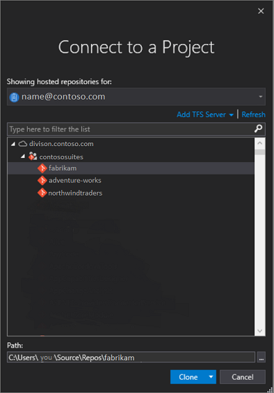 Visual Studio 2019 版本 16.7 及更早版本中“连接到项目”对话框的屏幕截图。