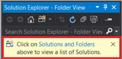 Visual Studio 2019 版本 16.7 及更早版本中团队资源管理器“解决方案和文件夹”通知的屏幕截图。