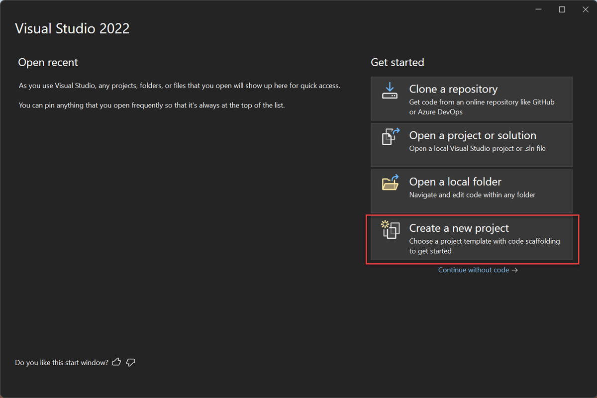 Visual Studio 开始窗口中“创建新项目”选项的屏幕截图。