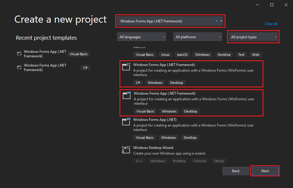 屏幕截图显示了“创建新项目”对话框，其中输入了 Windows 窗体，并在 Visual Studio 2019 中为 Windows 窗体应用提供了选项。