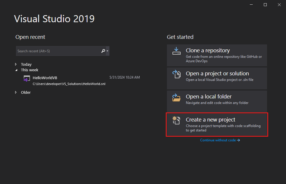 显示 Visual Studio 开始窗口中“创建新项目”选项的屏幕截图。