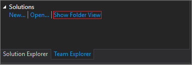 完成克隆后 Visual Studio 2019 版本 16.7 及更早版本中团队资源管理器“解决方案”部分的屏幕截图。