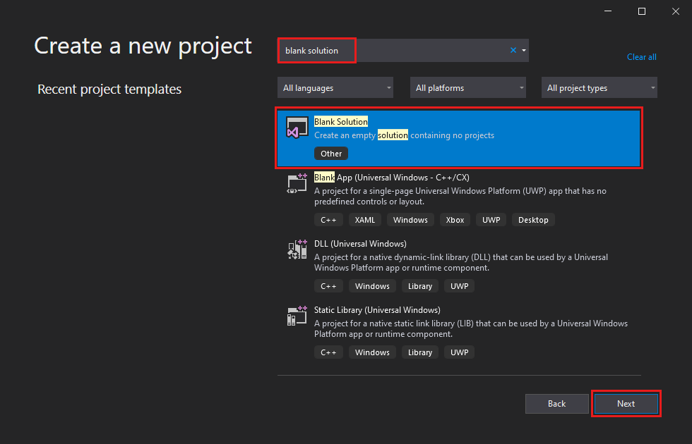 显示 Visual Studio 2019 中选择的空白解决方案模板的屏幕截图。