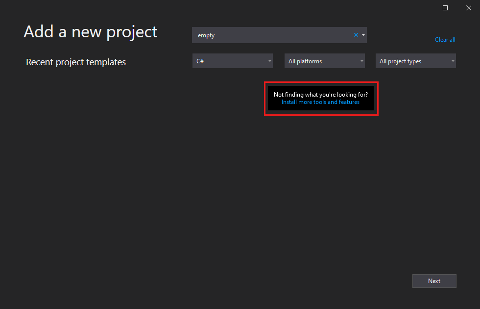 显示“打开 Visual Studio 安装程序”链接的屏幕截图。