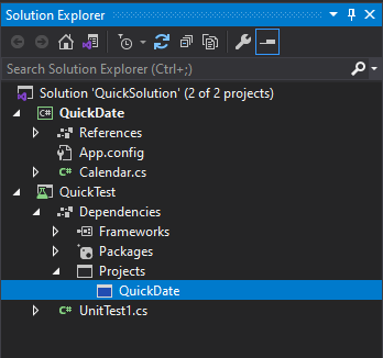 解决方案资源管理器的屏幕截图，其中显示了 Visual Studio 2019 中的项目引用。