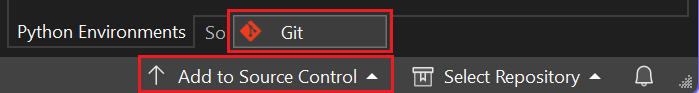 显示如何在 Visual Studio 中从“添加到源代码管理”访问 Git 源代码管理操作的屏幕截图。