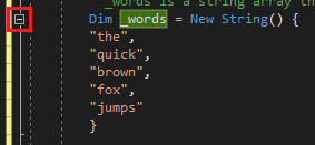 Visual Studio Code 编辑器的屏幕截图。用于折叠代码部分轮廓的按钮以红色突出显示。