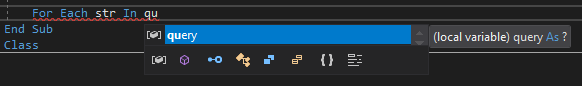 Visual Studio 代码编辑器中“query”一词的 IntelliSense 单词自动完成窗口的屏幕截图。
