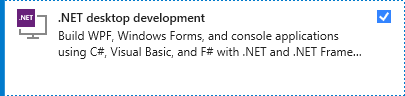 显示 Visual Studio 安装程序中 .NET 桌面开发工作负载的屏幕截图。