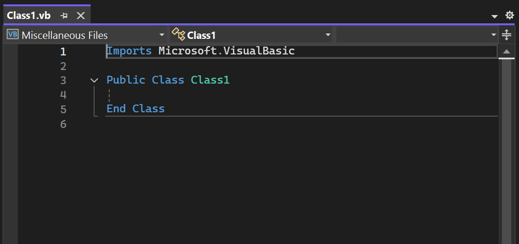 Visual Studio 代码编辑器中新 Visual Basic 类文件的屏幕截图。
