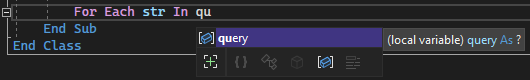 Visual Studio 代码编辑器中“query”一词的 IntelliSense 单词自动完成窗口的屏幕截图。
