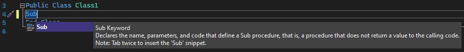 Visual Studio 中 Sub 代码片段的 IntelliSense 的屏幕截图。