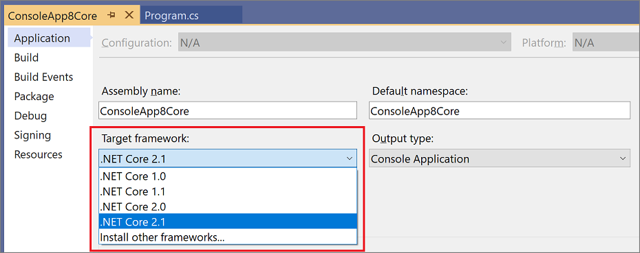 .NET Core 项目的目标框架版本