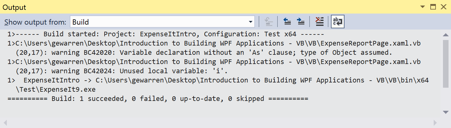 Visual Basic 输出窗口中构建警告的截图。