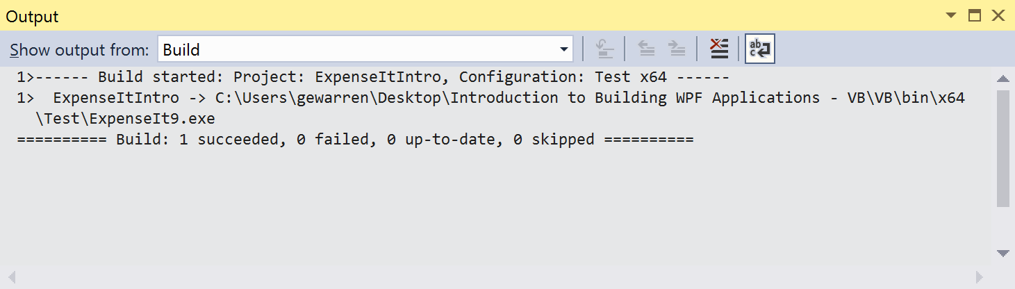 Visual Basic 的“输出窗口”的屏幕截图，其中没有构建警告。
