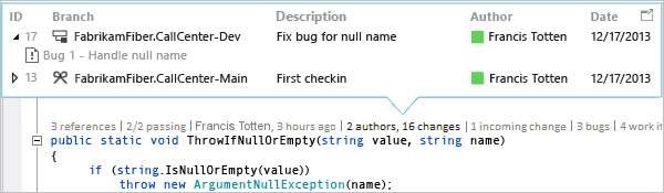 CodeLens 屏幕截图 - 查看 Visual Studio 2019 中来自其他分支的传入更改。
